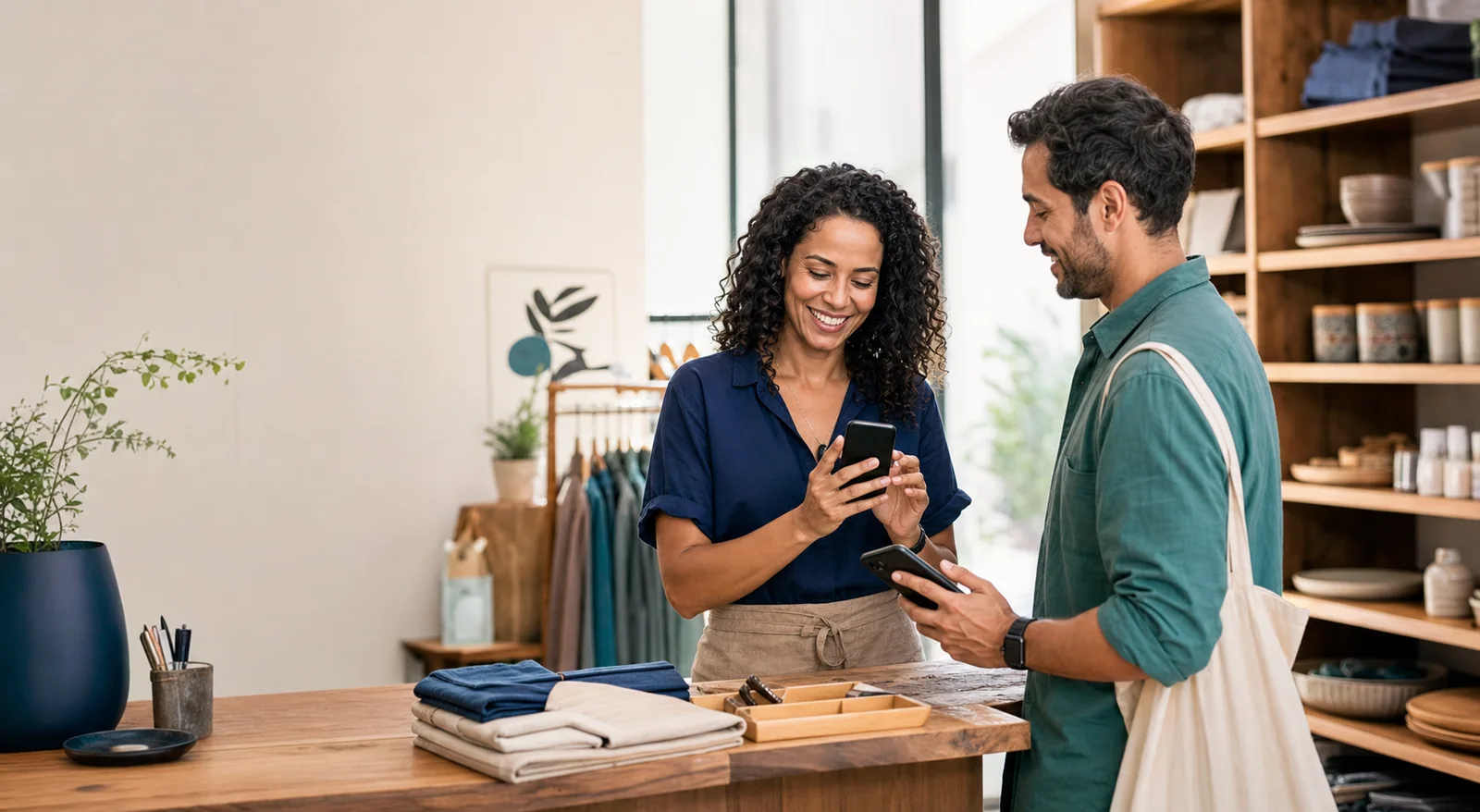 Comerciante e cliente satisfeitos após um pagamento pelo celular